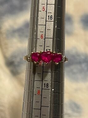 10K Vintage Heart Cut Ruby Three-Stone Wedding Ring